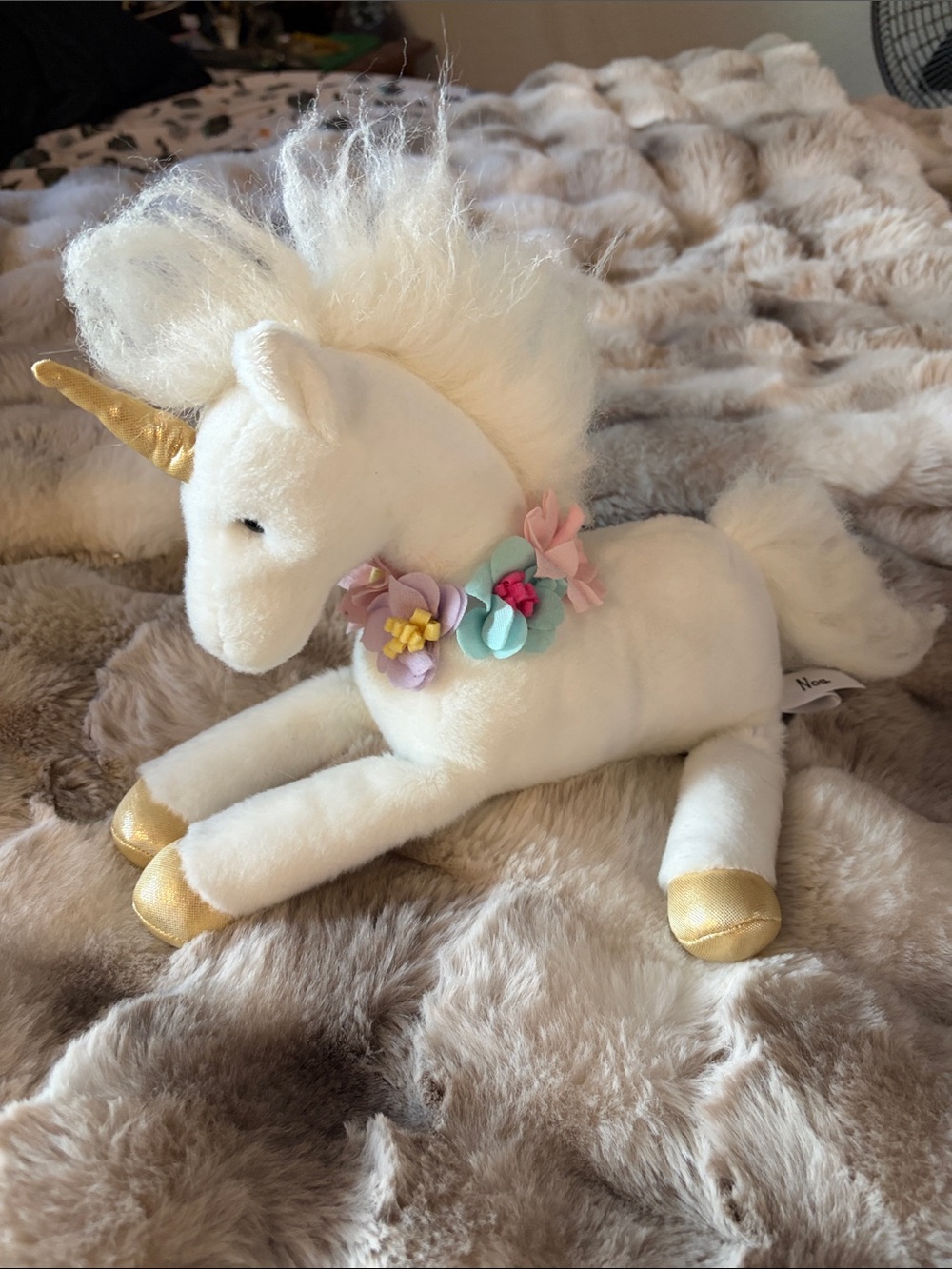 White Plush Unicorn with Flower Necklace with Gold Horn & Hooves